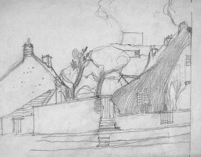 Skisse av engelsk landsby med stråtak i forgrunnen, ca. 1920 av Charles Rennie Mackintosh