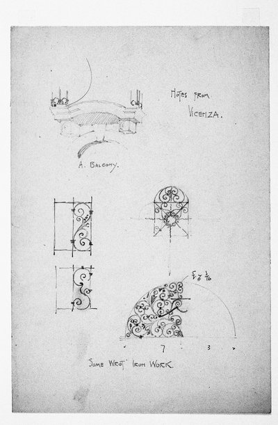 Vicenza, til venstre A Balcony, og nedenfor, Some Wrot [sic] Iron Work, 1891 av Charles Rennie Mackintosh