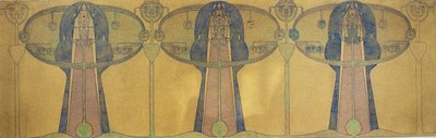 Dekorativ frise av stiliserte menneskefigurer, tre- og planteformer, ca. 1895 (blyant og akvarell på grått kunstpapir) av Charles Rennie Mackintosh