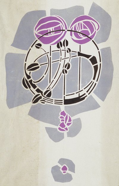 Moderne reproduksjon fra original Mackintosh sjablong for veggdekorasjon, rosemotiv, 1902 (plakatfarge på patronpapir) av Charles Rennie Mackintosh