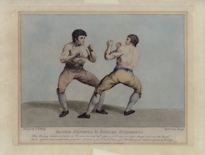 De engelske premiekjemperne Daniel Mendoza og Richard Humphreys på deres boksekamp 29. september 1790 (gravering) av Charles Reuben (after) Ryley