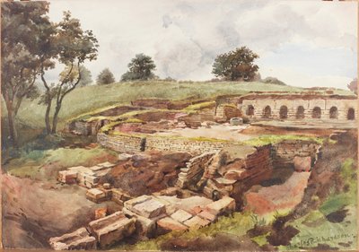 Bath House at Chesters from the North East (kroppsfarge, blyant og wc på papir) av Charles Richardson