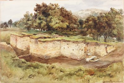 Chesters Bath House fra sørvest (kroppsfarge, blyant og wc på papir) av Charles Richardson