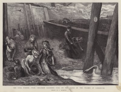 Stakkars barn henter kullbiter fra bredden av Themsen ved Limehouse, London (litho) av Charles Ricketts