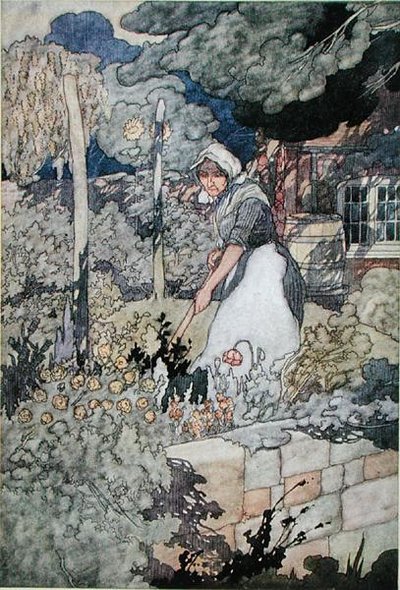 En hyttehage, utgitt 1912 (farge litho) av Charles Robinson