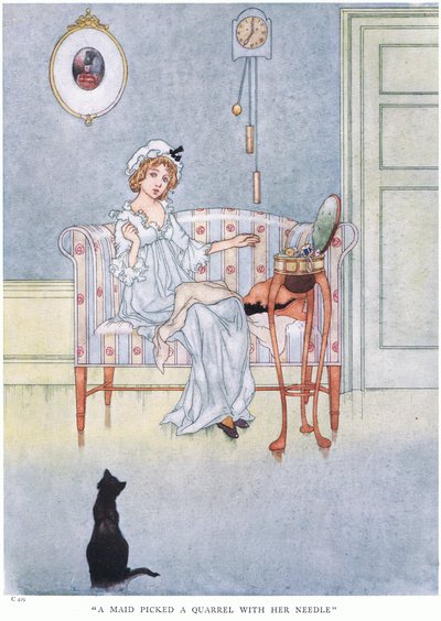 En hushjelp plukket en krangel med nålen sin, 1930-tallet av Charles Robinson