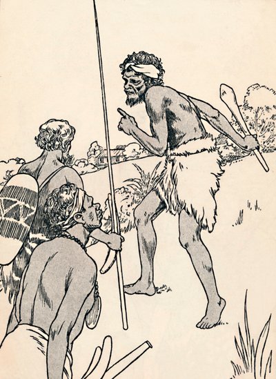 Aboriginale menn nærmer seg en nybyggergård, 1912 av Charles Robinson