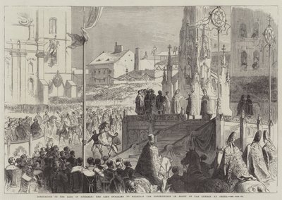 Kroning av kongen av Ungarn, kongen som sverger å opprettholde grunnloven foran kirken i Pesth av Sir John Charles Robinson