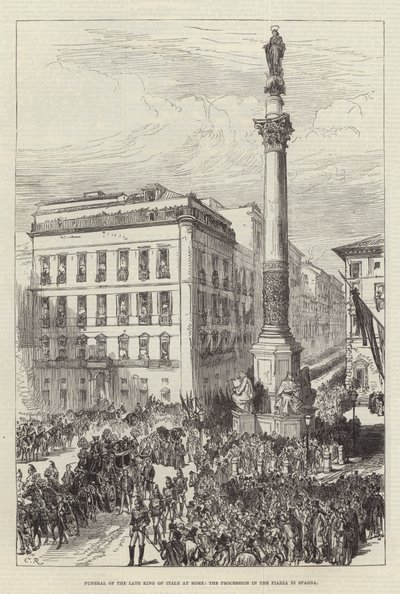 Begravelse av den avdøde kongen av Italia i Roma, prosesjonen på Piazza di Spagna av Sir John Charles Robinson