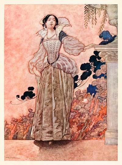 "Min elskerinnes bryn er ravnsvarte" fra "Of His Lady Love" i The Songs and Sonnets of William Shakespeare av Charles Robinson
