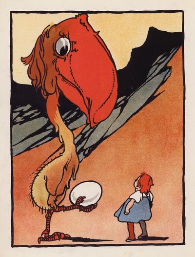 Tull: Gutt med en merkelig fugl som holder et egg (fargelitografi) av Charles Robinson