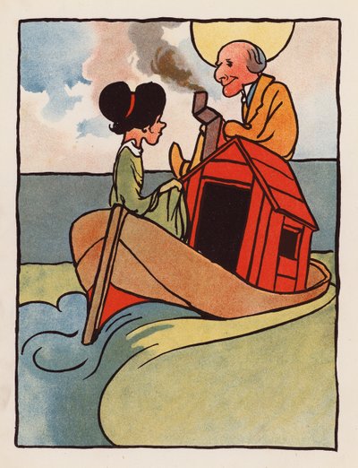 Tull: Gammel mann og datteren hans hjemme på en båt (farge litho) av Charles Robinson