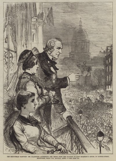 The Midlothian Election, Mr Gladstone taler til folkemengden fra balkongen til Lord Rosebery House, i George-Street, Edinburgh, åtte om kvelden, mandag 5. april av Sir John Charles Robinson
