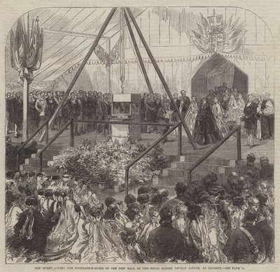 Dronningen legger grunnsteinen til den nye hallen til Royal Albert Orphan Asylum, ved Bagshot av Sir John Charles Robinson