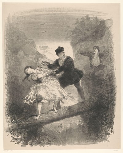 Ballettscene med mann og kvinne over avgrunnen Kunngjøringsbilletter til balletter og skuespill fremført i Amsterdam City Theatre (serietittel) av Charles Rochussen