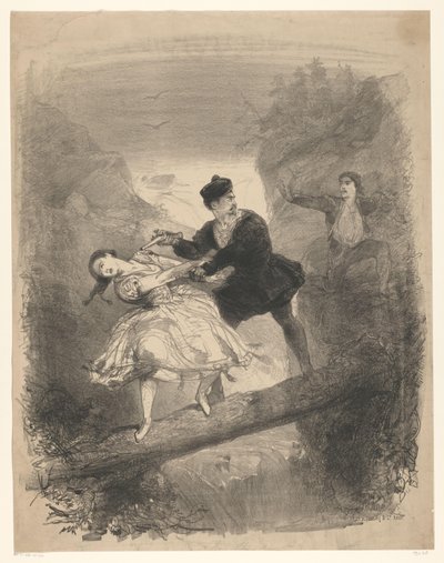 Ballettscene med mann og kvinne over avgrunnen Kunngjøringsbilletter til balletter og skuespill fremført i Amsterdam City Theatre (serietittel) av Charles Rochussen