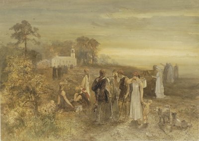 Munker tar veien til en kirke, overvåket av en gruppe tyskere av Charles Rochussen