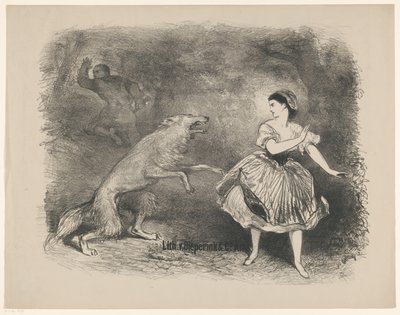 Scene fra ballett Rødhette og ulven Kunngjøringer om balletter og skuespill fremført i Amsterdam City Theatre (serietittel) av Charles Rochussen