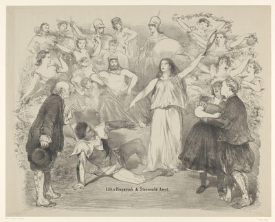 Scene fra stykket Sannhet og Løgn Kunngjøringer om balletter og skuespill fremført i Amsterdam City Theatre (serietittel) av Charles Rochussen