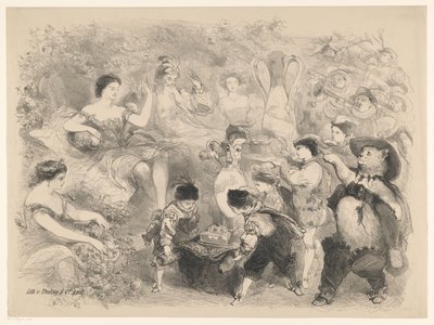 Scene fra stykket Puss in Boots Kunngjøringer om balletter og skuespill fremført i Amsterdam City Theatre (serietittel) av Charles Rochussen