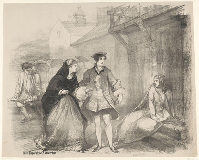 Scene fra stykket The Cardlayer Kunngjøringsbilletter til balletter og skuespill fremført i Amsterdam City Theatre (serietittel) av Charles Rochussen
