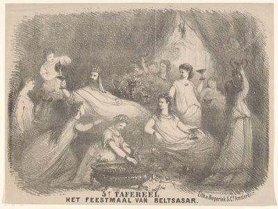 Scene fra stykket Belsasars fest Scene 5 The Banquet of Beltsasar (tittel på objekt) av Charles Rochussen