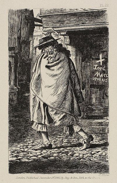 En kledd figur som går gjennom gaten (på pestens tid i London) av Charles Samuel Keene