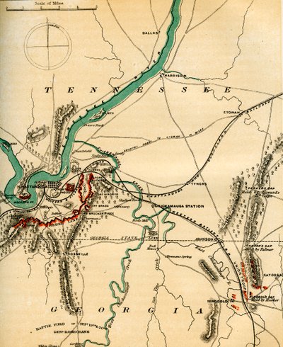 Kart over Chattanooga og dets forsvar, Tennessee, 1862-1867. av Charles Sholl