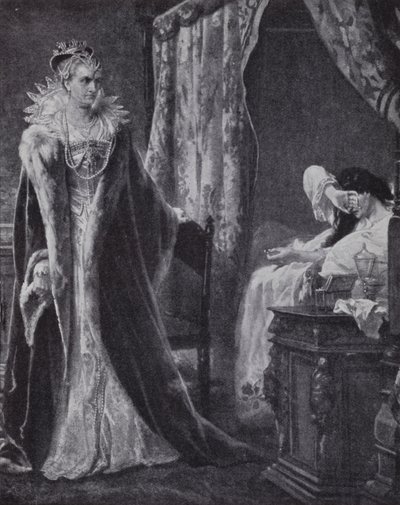 Grevinne av Nottingham returnerte jarlen av Essex sin ring til dronning Elizabeth I, men for sent til å redde ham fra henrettelse (litho) av Charles Soubre