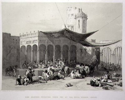 Panjab: Sikh Soldiers Receiving their Pay at the Royal Durbar, Lahore, plate 12 fra 