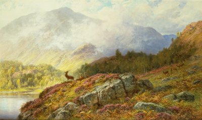 Hjort i et høylandslandskap (olje på lerret) av Charles Stuart