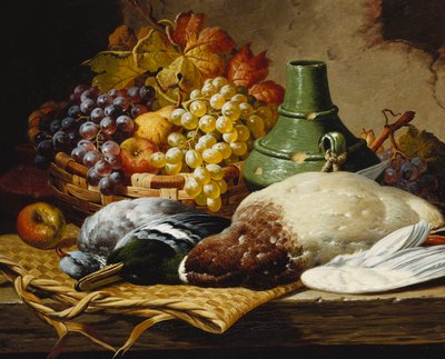 En stokkand og en skogsdue med en kurv med epler og druer på en trehylle, av Charles Thomas Bale