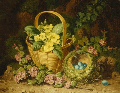 Primroser i en kurv, Japonica og et fuglerede, av Charles Thomas Bale