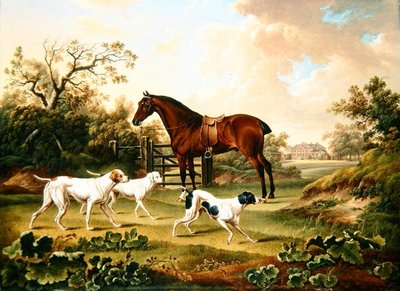 A Bay Hunter og Three Pointers in a Landscape with Lyston Hall Beyond (olje på lerret) av Charles Towne