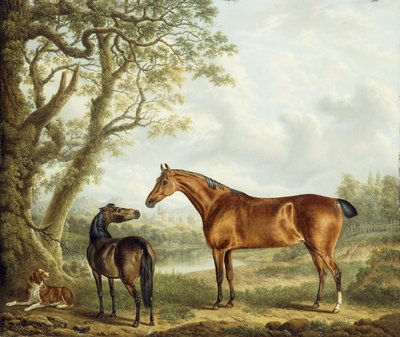 Jegere og en spaniel i et vidstrakt landskap, 1827 av Charles Towne