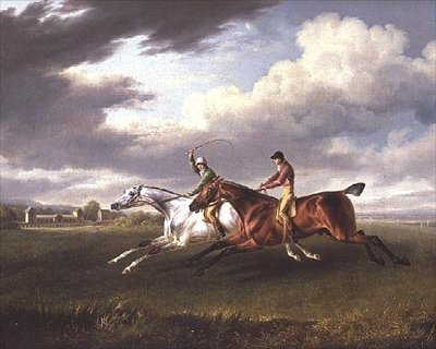 To veddeløpshester med jockeyer oppe, trener i et landskap (olje på lerret) av Charles Towne