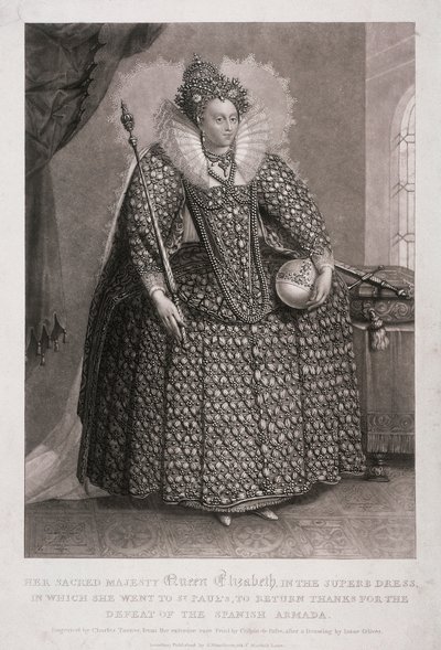 Dronning Elizabeth I holder septer og kule, 1868 av Charles Turner