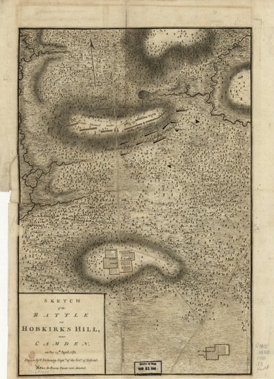 Skisse av slaget ved Hobkirks Hill, nær Camden, den 25. april 1781, publisert i London, 1794 av Charles Vallancey