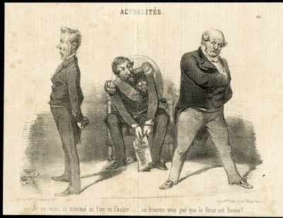 Illustrasjon av Charles Vernier (? -1887) i Le Charivari - republikkens president, Ministere, lenestol (symbol på makt) - Napoleon III, Barrot Odilon (1791-1873), minister, Faucher Leon (1803-1854) av Charles Vernier