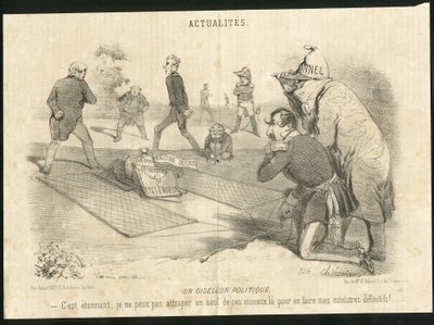 Illustrasjon av Charles Vernier (? -1887) i Le Charivari - En politisk fuglefugl - Republikkens president, Ministere de l'Interior - Thiers Adolphe, Napoleon III, Faucher Leon (1803-1854) - Portefølje av Charles Vernier