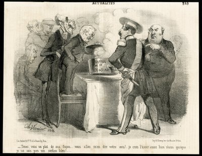 Illustrasjon av Charles Vernier (? -1887) i Le Charivari, ca. 1851-11 - Påminnelse om loven av 31. mai 1850 - Valg, republikkens president, størrelse, lov, stemmerett - Thiers Adolphe, Napoleon III, Dupin Andre- Marie dupinens øye (1783-1865) - Meg av Charles Vernier