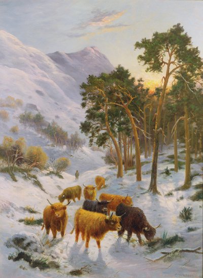 Highland Cattle i et vinterlandskap av Charles Watson
