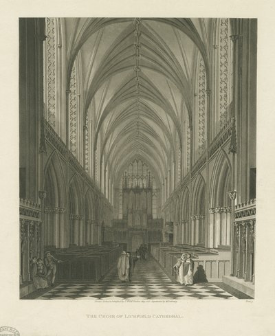 Interiør i Lichfield Cathedral - Kor: akvatintgravering av Charles Wild