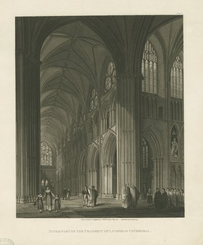 Interiør i Lichfield Cathedral - Nave: akvatintgravering av Charles Wild