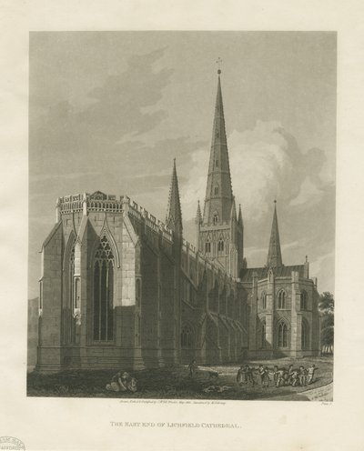 Lichfield Cathedral - North East View: akvatintgravering av Charles Wild