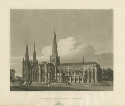 Lichfield Cathedral - South East View: akvatintgravering, 1813 av Charles Wild