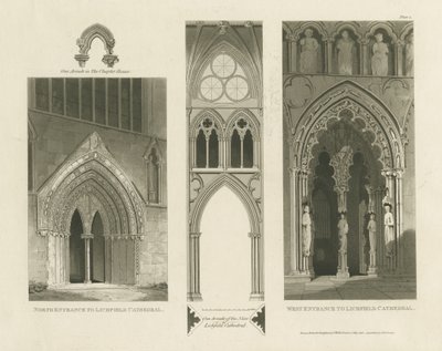 Lichfield Cathedral - West Entrance, North Entrance og Nave: akvatintgravering av Charles Wild