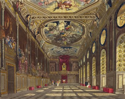 St. George's Hall, Windsor Castle, fra 'Royal Residences', gravert av WJ Bennett , pub. av William Henry Pyne (1769-1843), 1816 (akvatint) av Charles Wild