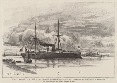 HMS Blake, Protected Cruiser som nylig ble lansert i Chatham, i Portsmouth Harbor av Charles William Wyllie