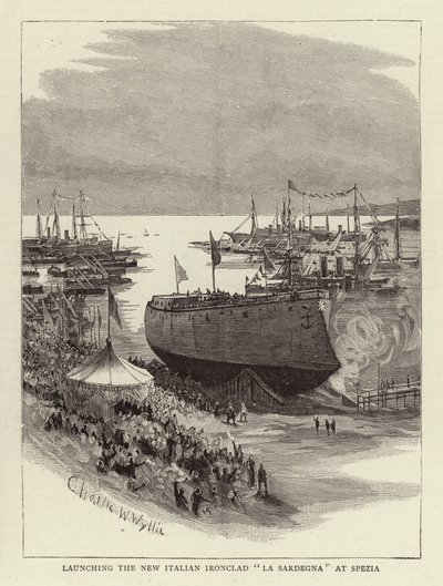 Lansering av den nye italienske Ironclad La Sardegna på Spezia av Charles William Wyllie